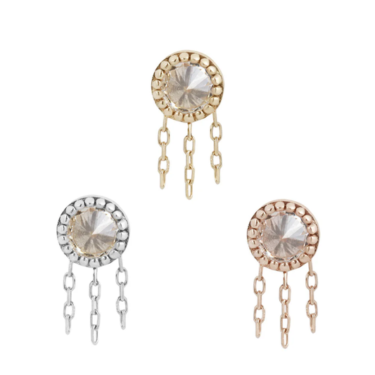 Rebel Rebel threadless end in yellow, white, and rose gold, featuring a round CZ centre framed with beading and accented by triple chain dangles.