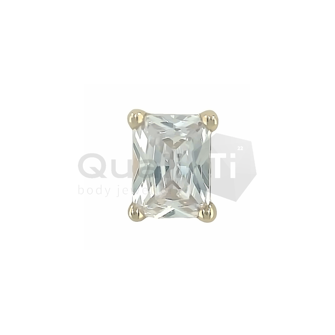 14k yellow gold threadless body jewellery attachment featuring a radiant-cut clear cubic zirconia in a four-prong setting, ideal for flat, lobe, helix, or tragus piercings.