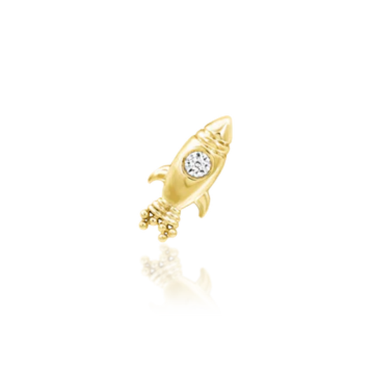 14k gold rocket ship piercing jewellery with white CZ gemstone window, playful and unique design for cartilage or lobe piercings.