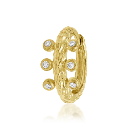 14k gold hammered clicker ring with six bezel-set cubic zirconia stones, suitable for septum or daith piercings