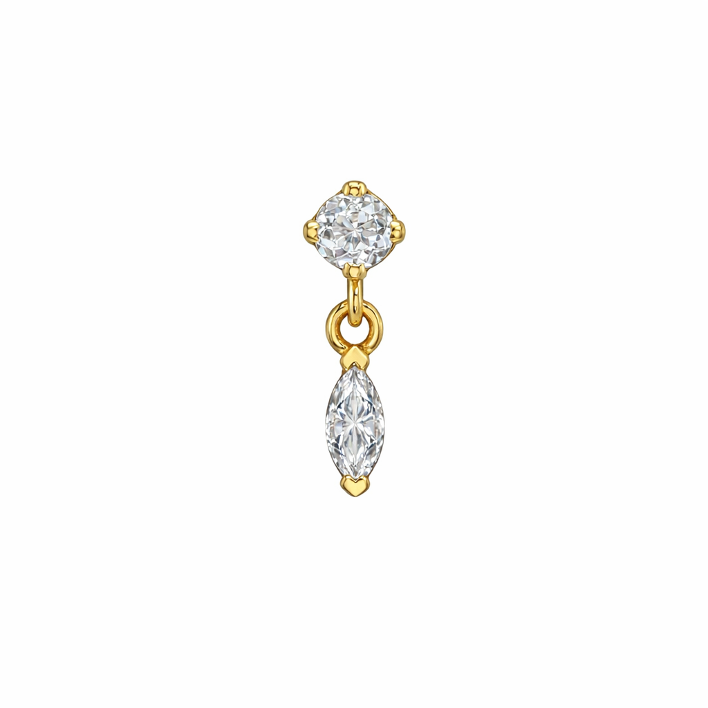 14k gold dangle end with round and marquise diamonds, luxury gold piercing jewellery with diamond drop, marquise diamond v prong charm for helix and lobe, high end solid gold piercing jewellery uk