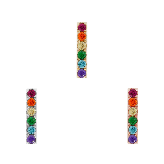 Rowe threadless end featuring a vertical bar set with six rainbow-coloured CZ stones, available in yellow, white, and rose gold.