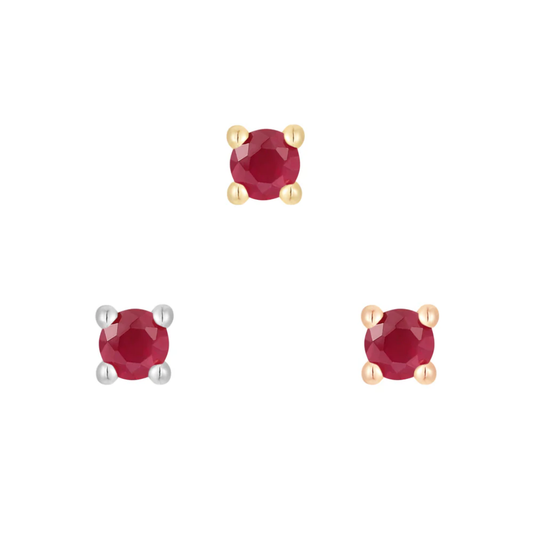 Ruby prong-set threadless end featuring a vivid red gemstone in a classic four-prong setting, available in yellow, white, and rose gold
