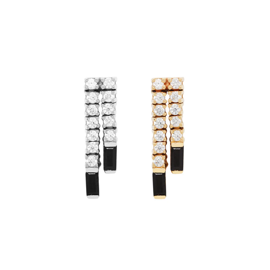 Rule Breaker threadless end with black spinel and clear CZ stones in a bold double-row vertical bar design, available in yellow and white gold.
