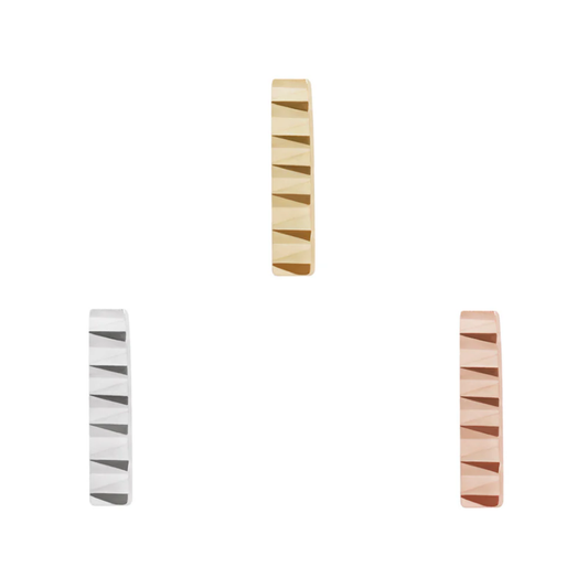 Runway threadless end featuring a sleek, faceted bar design in yellow, white, and rose gold finishes.