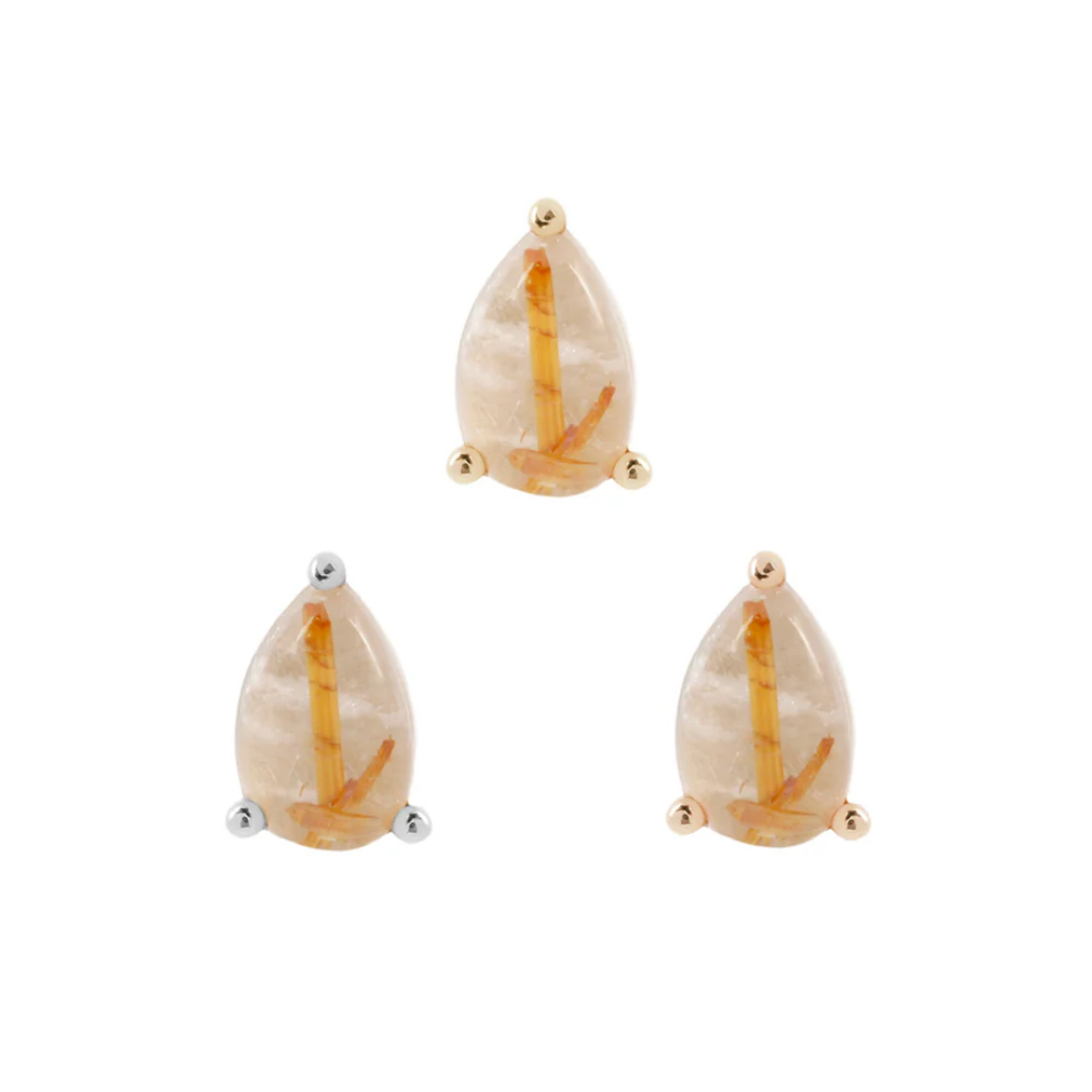 Rutilated Quartz pear-shaped threadless end with golden rutile inclusions in yellow, white, and rose gold settings