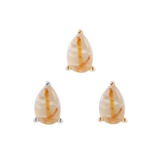 Rutilated Quartz pear-shaped threadless end with golden rutile inclusions in yellow, white, and rose gold settings