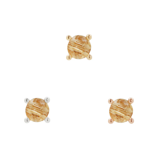 Round rutilated quartz threadless end with gold, silver, and rose gold prong settings showcasing golden needle inclusions