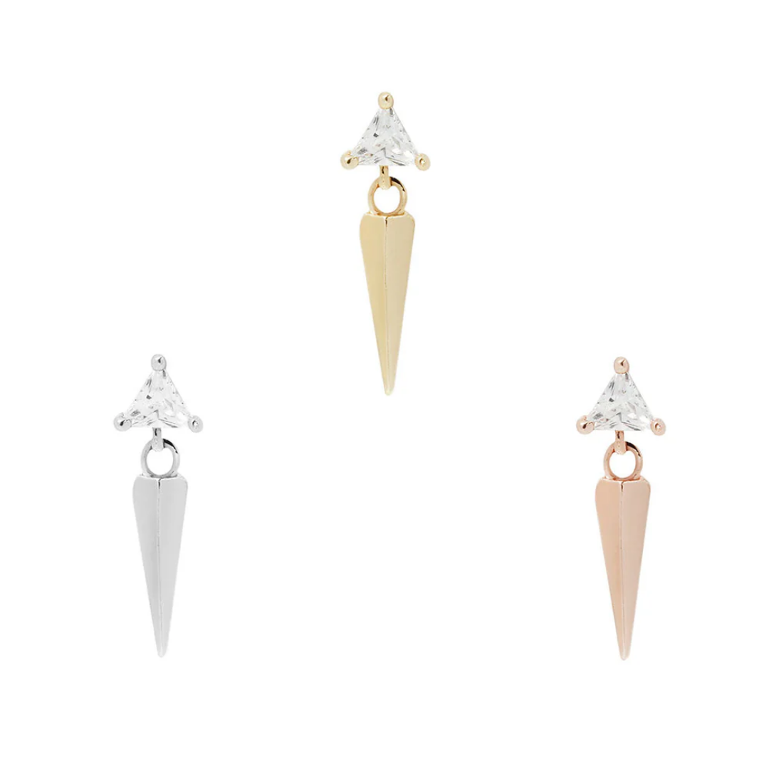 Triangular CZ threadless end with sleek spike dangle, available in yellow, white, and rose gold finishes