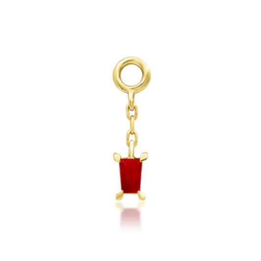 Junipurr Jewellery Salvie gold charm with red baguette-cut gemstone on chain drop