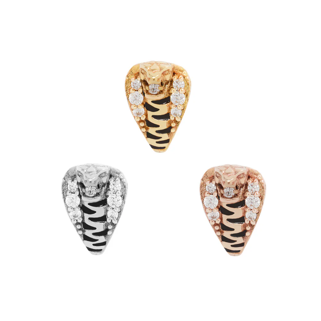 Cobra-inspired threadless end with CZ accents and bold enamel detail, available in yellow, white, and rose gold.