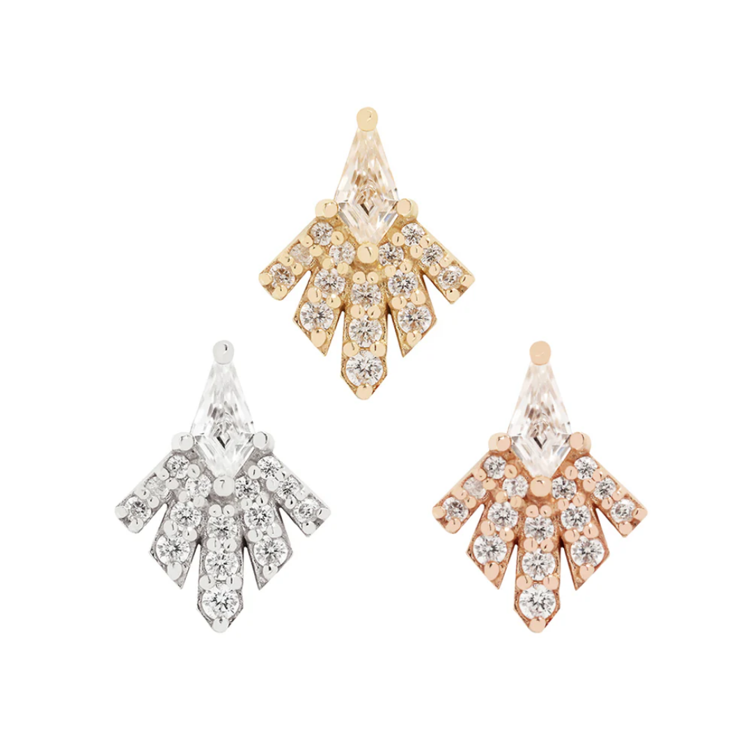 Art Deco-inspired threadless end with CZ fanburst design in yellow, white, and rose gold.