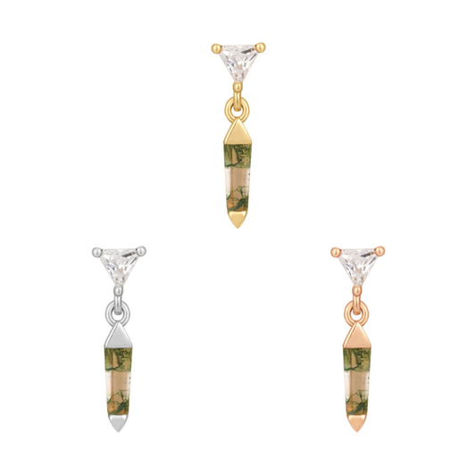 Threadless end with triangle CZ and dangling moss agate spike in yellow, white, and rose gold.