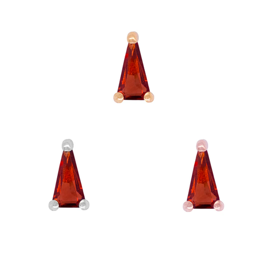 Triangle-cut garnet threadless end in yellow, white, and rose gold prong settings