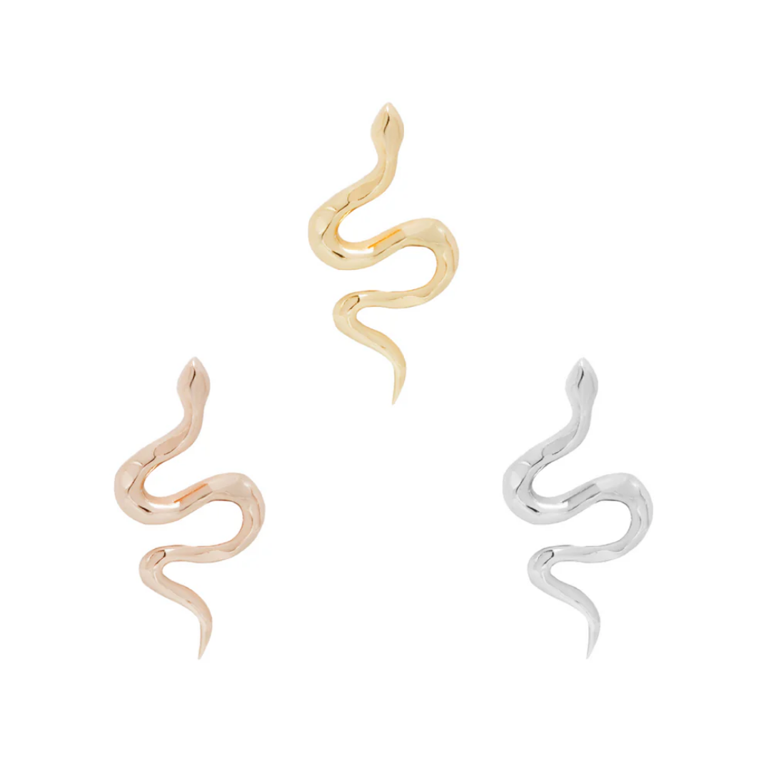Sleek snake-shaped threadless end in yellow, white, and rose gold with a high-polish finish