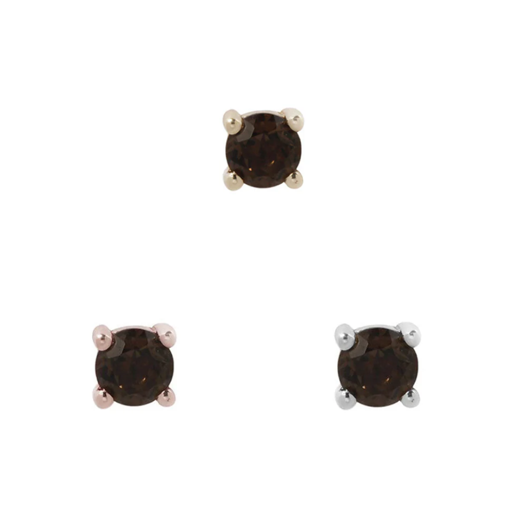 Smoky quartz threadless end with a round gemstone in four-prong gold, rose gold, and white gold settings