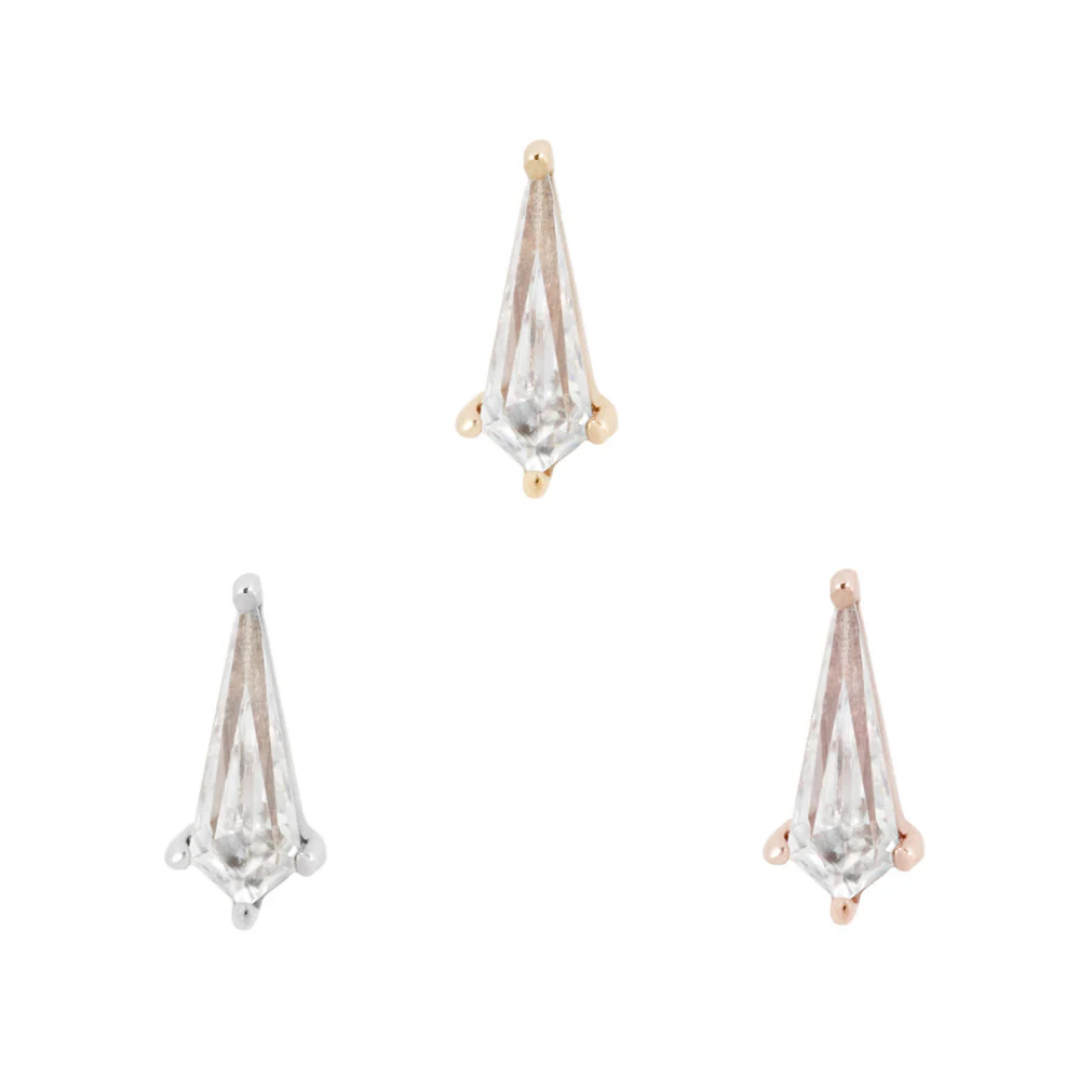 Soho threadless end with elongated clear CZ gemstone set in gold, white gold, and rose gold prongs