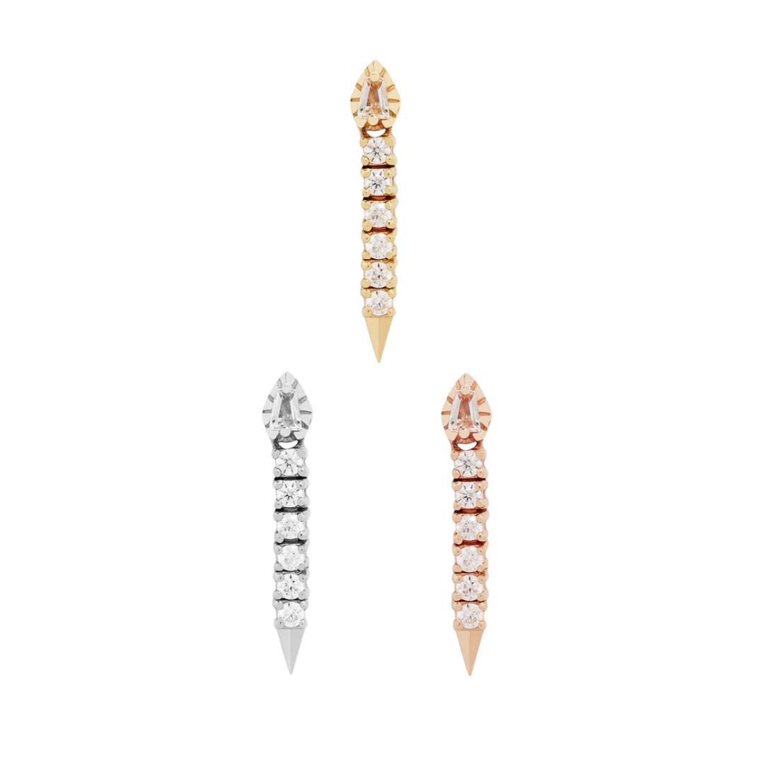 Spellcraft threadless end with marquise and round CZ stones set in gold, white gold, and rose gold spike design