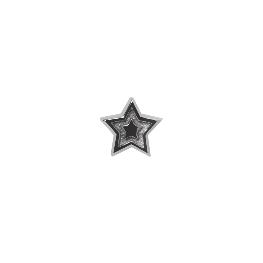 Star-shaped rhodium threadless end with black enamel detailing and textured silver interior.
