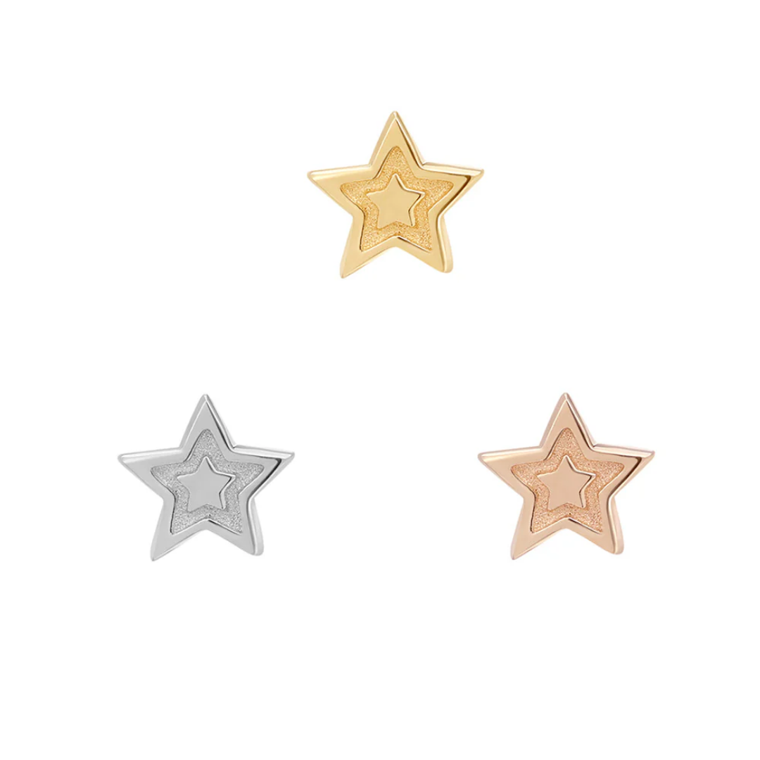 Polished star-shaped threadless end in gold, silver, and rose gold with textured centre star detailing