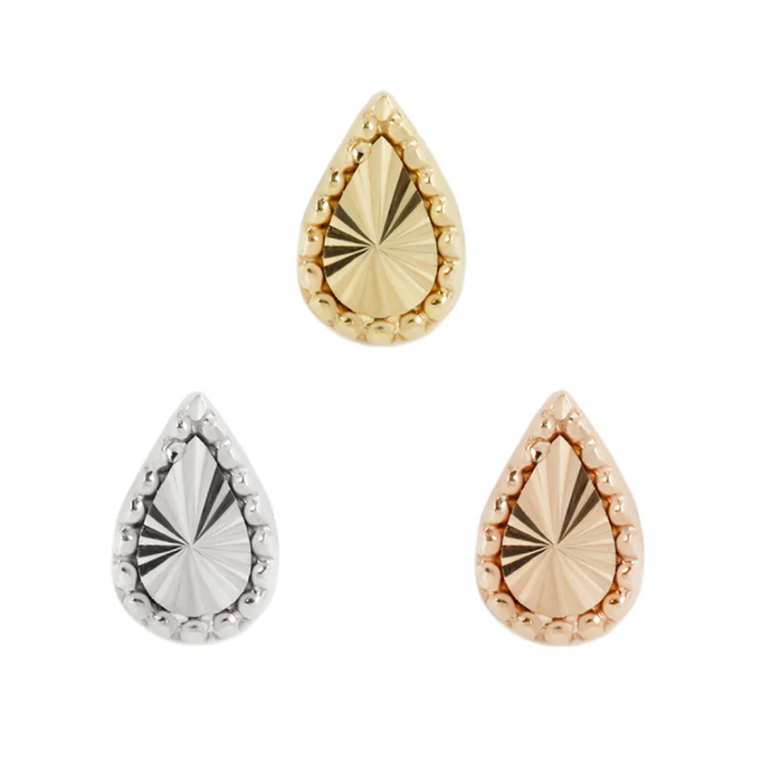 High-polish teardrop-shaped threadless end with a beaded border, available in gold, silver, and rose gold finishes.