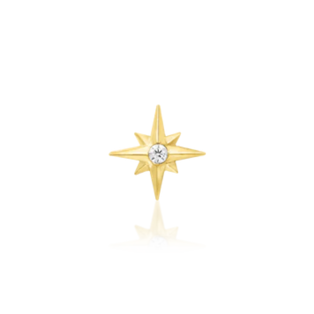14k gold eight-pointed star piercing stud with cubic zirconia
