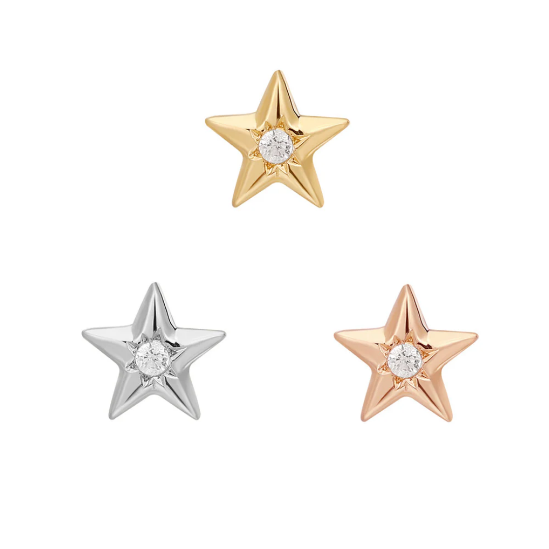 Five-point star-shaped threadless end with a central cubic zirconia, shown in gold, silver, and rose gold finishes
