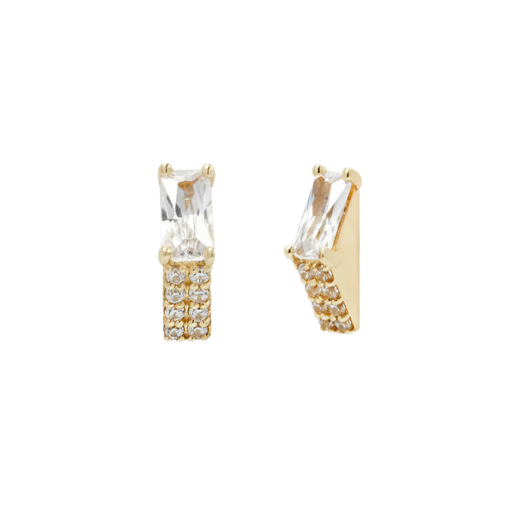 Gold threadless end with a vertical baguette-cut clear CZ stone and a triple row of pavé-set CZ gems on the lower half.