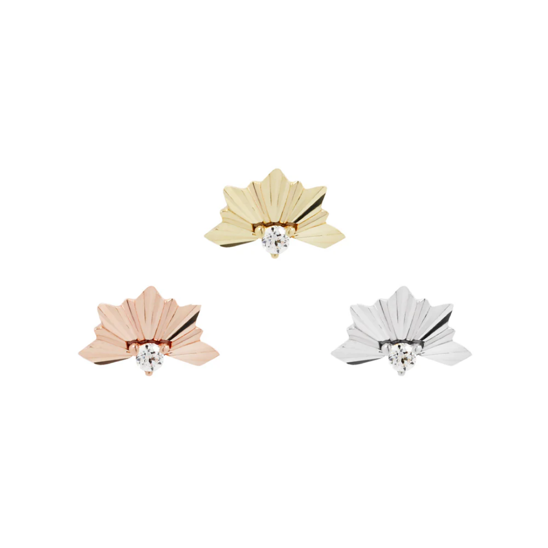 Gold fan-shaped threadless end with a single clear CZ nestled at the base of the flared design