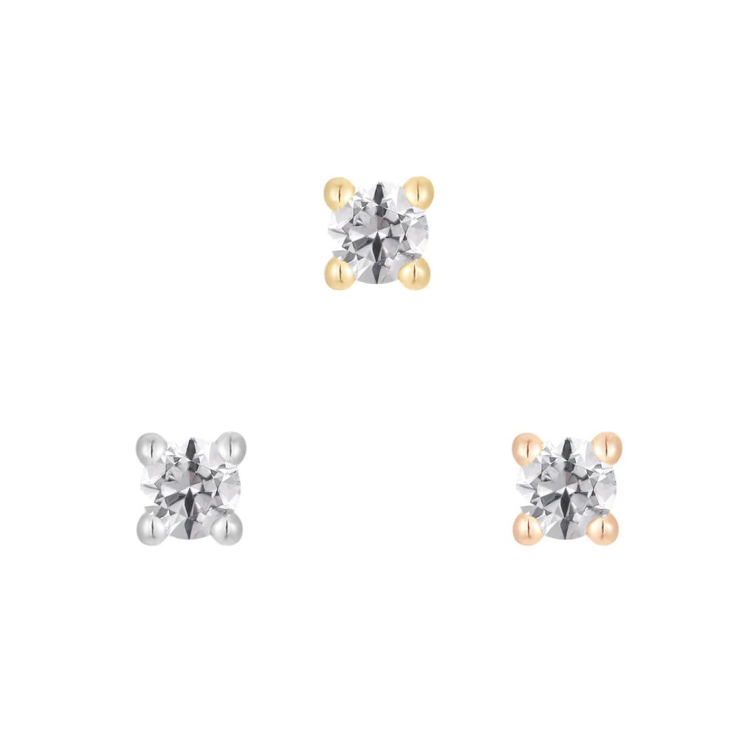 Gold threadless end featuring a single clear Swarovski crystal in a classic four-prong setting