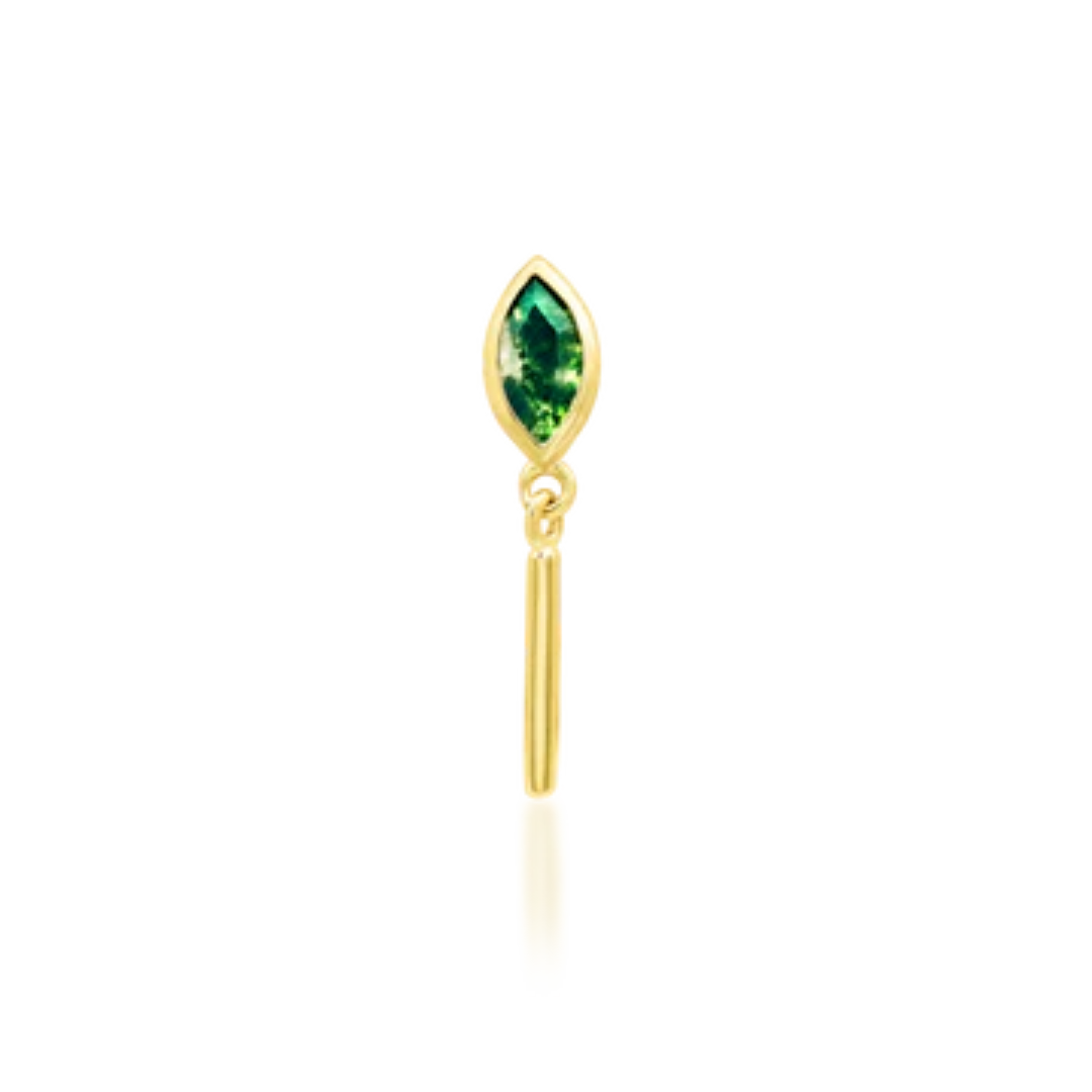 14k gold piercing stud with marquise-cut green gemstone and gold dangle bar