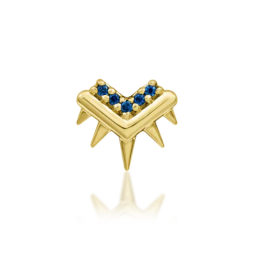 14k yellow gold piercing stud with bold geometric spikes and vibrant deep blue gemstones, ideal for cartilage or helix piercings