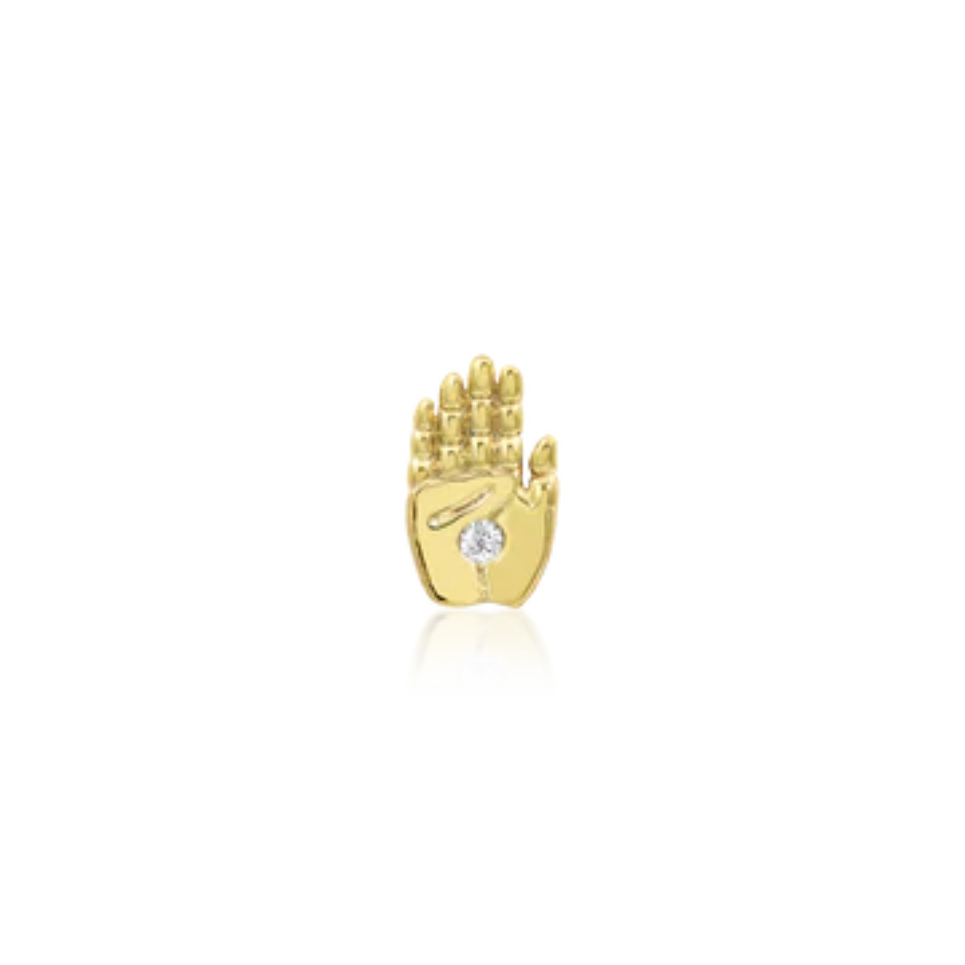14k gold body piercing jewellery shaped like a detailed hand with fingers extended, featuring a single cubic zirconia stone set in the centre of the palm