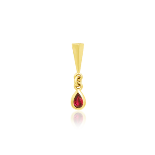 14k gold piercing charm featuring a sleek tapered gold bar and a dangling pear-shaped red cubic zirconia gemstone