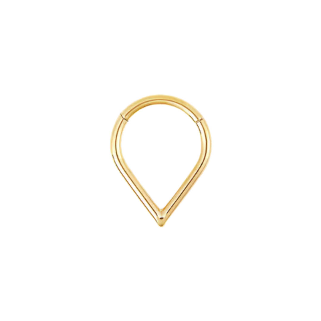 titanium teardrop shaped clicker ring shown in polished and gold colour anodised finishes