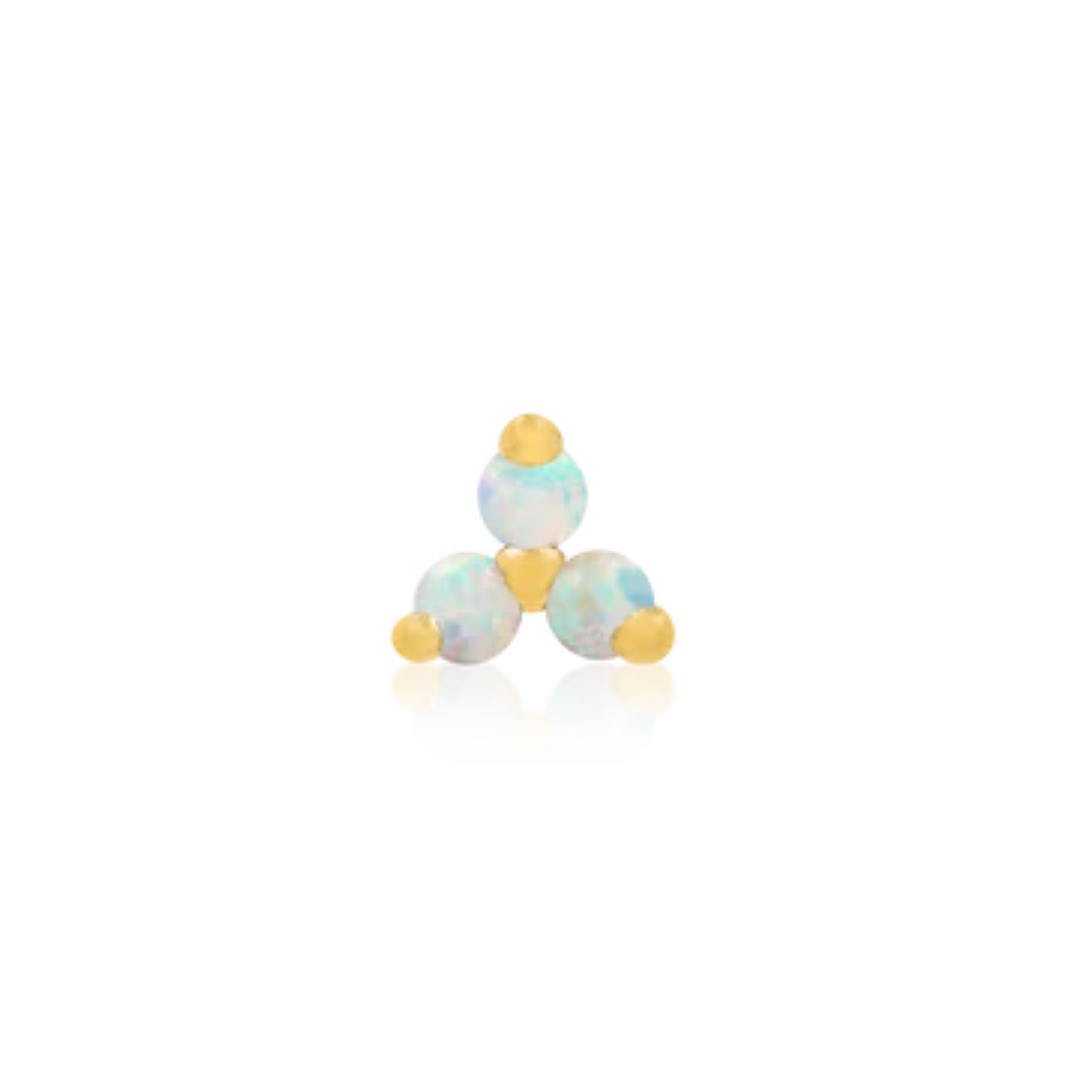 14k gold piercing jewellery featuring three round iridescent opal stones set in a triangular formation with gold prong accents