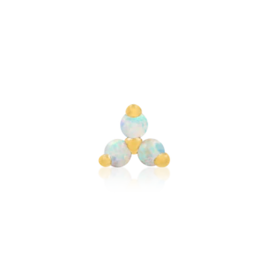 14k gold piercing jewellery featuring three round iridescent opal stones set in a triangular formation with gold prong accents