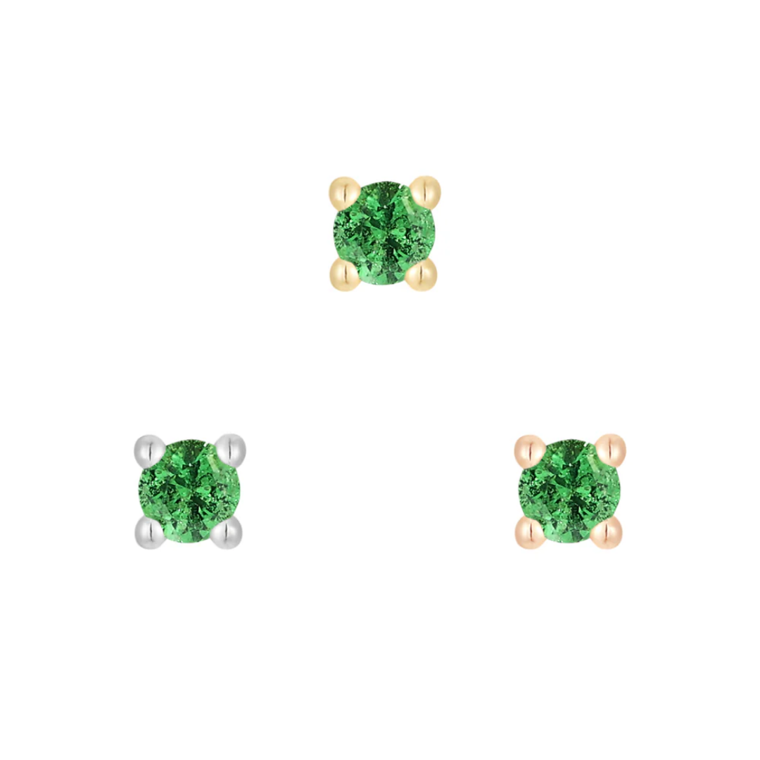 Gold threadless end with vibrant green tsavorite garnet in a four-prong setting