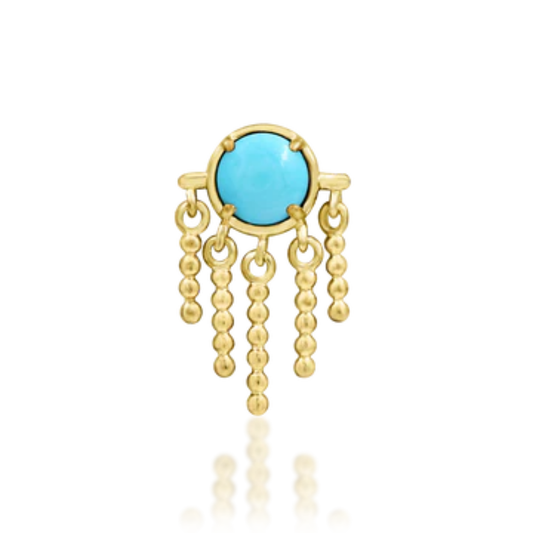 Very shiny 14k gold body jewellery with a round turquoise centre stone and five delicate gold chain dangles. A standout choice for helix, flat, or conch piercings with boho-luxe appeal