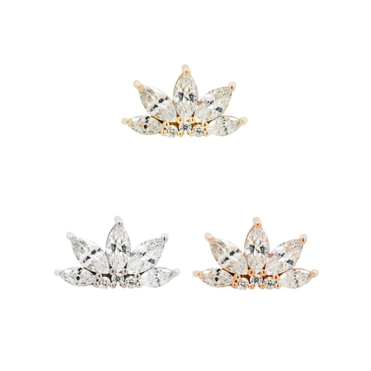 Gold threadless end with marquise-cut cubic zirconia stones arranged in a radiant floral fan shape