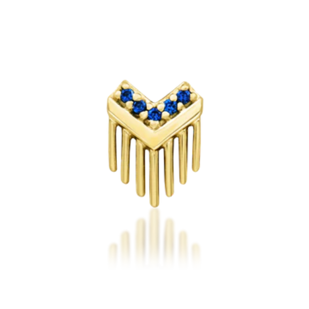 14k gold V-shaped piercing end with five vibrant blue stones and multiple vertical gold fringe spikes