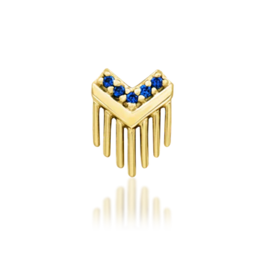 14k gold V-shaped piercing end with five vibrant blue stones and multiple vertical gold fringe spikes