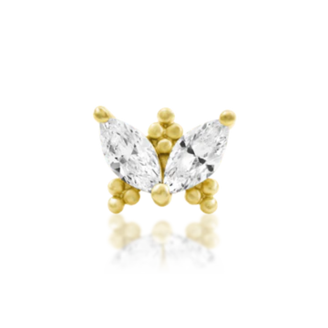 14k gold piercing end with two marquise-cut clear cubic zirconia stones set like butterfly wings and surrounded by small polished gold bead clusters