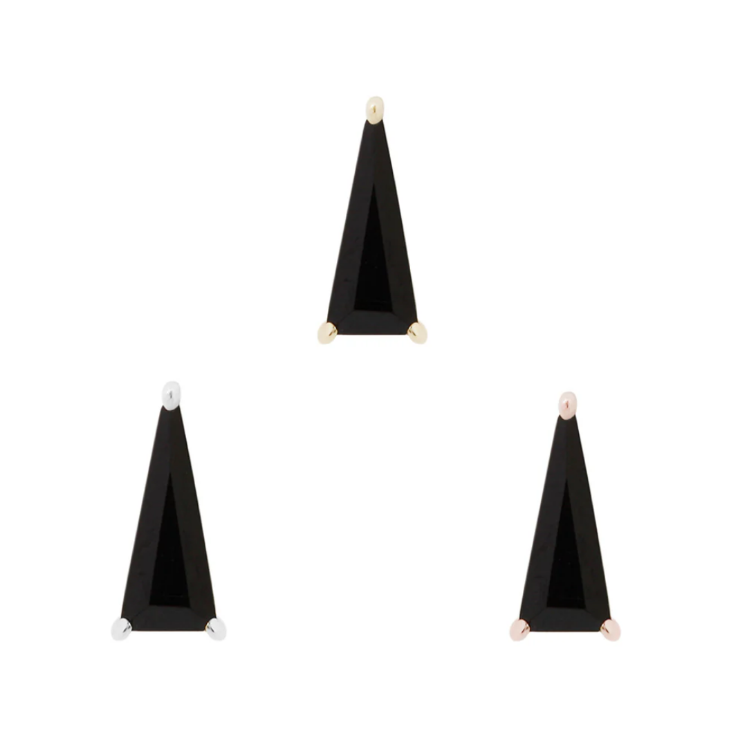 Gold threadless end featuring a sleek, elongated triangle-cut black spinel in a minimalist three-prong setting