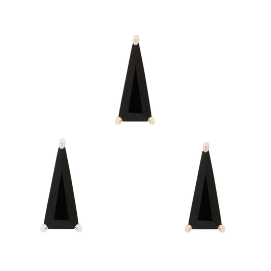 Gold threadless end featuring a sleek, elongated triangle-cut black spinel in a minimalist three-prong setting