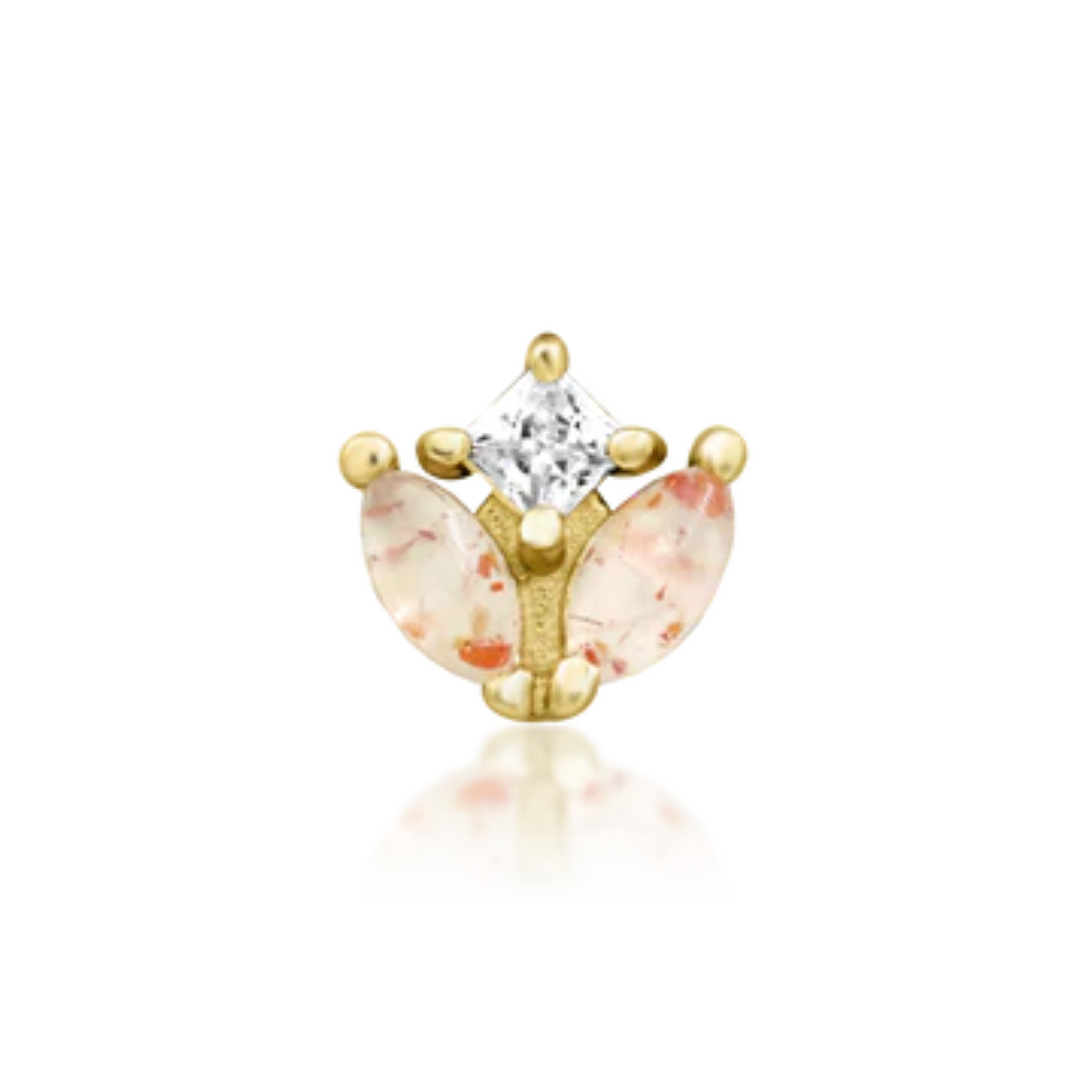 14k yellow gold butterfly-inspired piercing end with two sunstone cabochon wings and a clear cubic zirconia accent