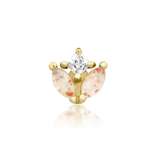 14k yellow gold butterfly-inspired piercing end with two sunstone cabochon wings and a clear cubic zirconia accent