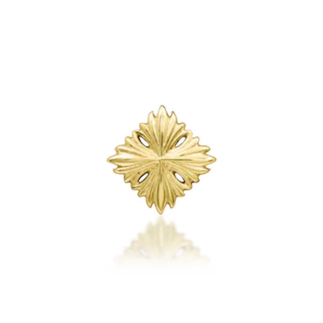 14k yellow gold decorative piercing end with an ornate, leaf-inspired diamond shape and delicate cut-out details