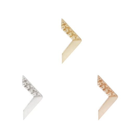 Gold Vortex threadless end featuring a sharp chevron design with textured gold beading, ideal for modern cartilage or lobe piercings