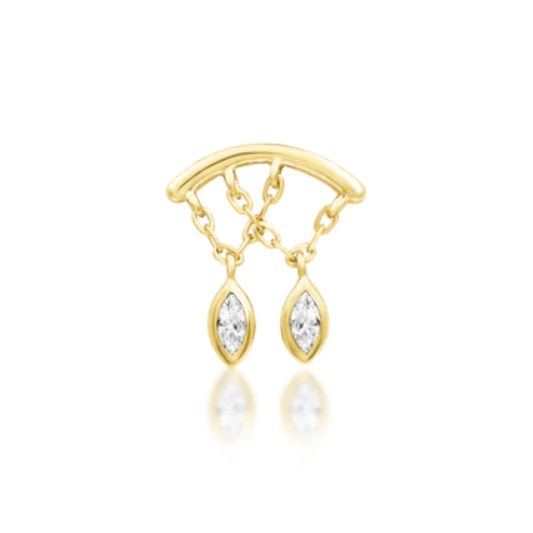 Very shiny 14k gold body jewellery featuring an arched top bar, two chain drops, and marquise-cut clear cubic zirconia dangles. A graceful and radiant design for lobe, flat, or helix piercings.